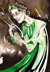 Kathleen Ferrier - karikatyr i färg som Orfeus i operan Orfeo ed Euridice av Christoph Gluck (tysk kompositör, 1714- 17 87) från 1762.